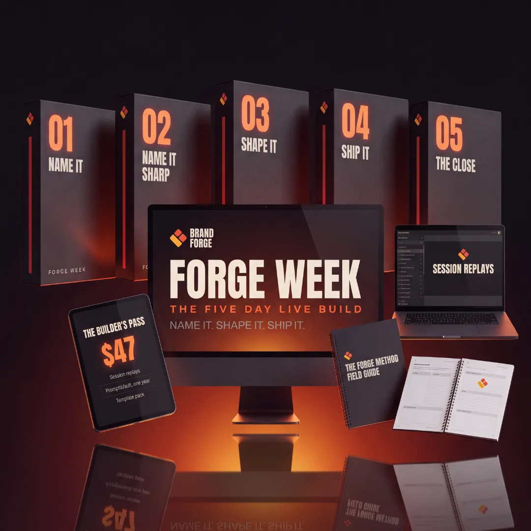 Forge Week: the five day live build. Five daily modules, session replays, PromptsVault, and the Field Guide.